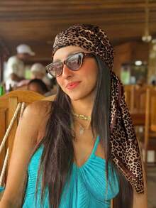 1PC Women's Leopard Print Square Scarf 90x90cm, 2026 Spring Summer New Fashion Bandana, Versatile Head Scarf Western Festival Style - Coffee - View 4