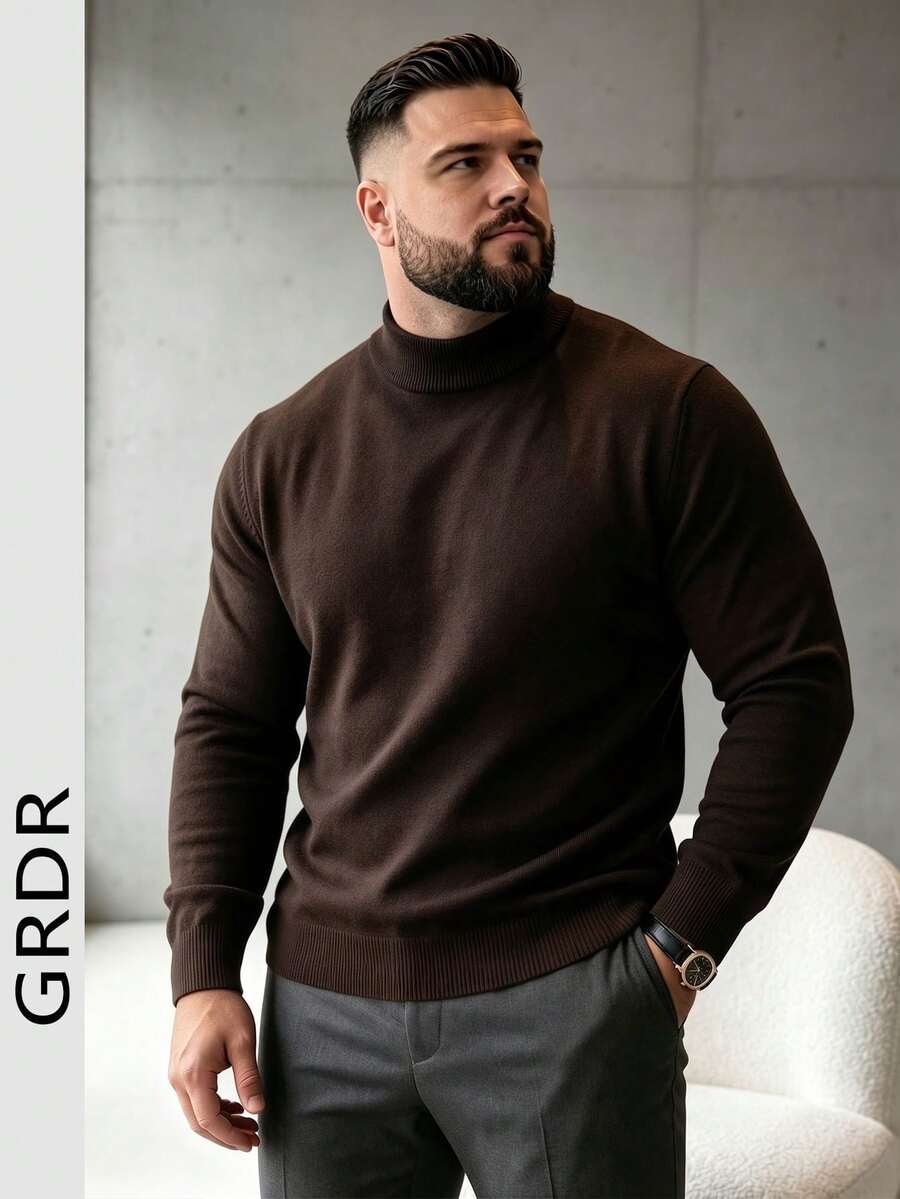 Men's Plus Size Half-High Neck Long Sleeve Sweater, Autumn/Winter Essential, Casual Wear - Brown - View 1