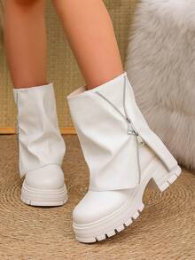 Elegant Thick Sole Mid-Calf Women's Boots With Unique Fold-Over Zipper Design, Street Style Fashion Boots - White - View 3