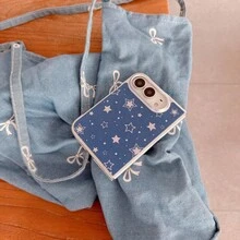 1pc Pink Strawberry, Denim Blue Star, Red Strawberry, Small Bow, Pink Heart, Lace Stripe, White Pentagram, Silver Frame, Fabric Texture, Denim Texture, Full Lens Protection, Precise Hole Protection, Four-Corner Anti-Drop, Detachable Full Coverage, Silver Electroplated Frame, PC Hard Shell, Girly, Sweet Style, Ins Style, Cute Style, Japanese Fresh, Vintage Denim, For Foldable Phones, Full Front And Back Protection, Phone Protective Case - Multicolor - View 7