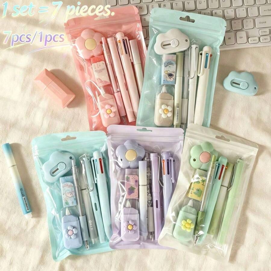 Set Alat Tulis 7pcs/1pc (Gaya & Warna Acak) Paket Hadiah 7 Buah Hadiah Kelulusan Siswa Bernilai Tinggi Suvenir Alat Tulis Belajar, Kotak Hadiah Alat Tulis Penting Kembali ke Sekolah Gaya Siswa Ins Multi-Warna Pilihan untuk Penggunaan Kantor Siswa Hadiah untuk Remaja Perempuan, Perlengkapan Kembali ke Sekolah/Musim Kembali ke Sekolah/Halloween/Natal, 1 set = 7 pcs - MultiWarna - View 1