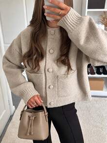 Women's New Fall Winter Knit Cardigan, Casual Crew Neck Long Sleeve Button Front Sweater Coat, Solid Apricot Ribbed Knitwear For Daily & Commute - Yan - View 1