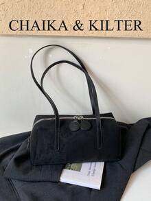 CHAIKA & KILTER 1件裝純色麂皮布料女款復古時尚啞光保齡球包，對比色絎縫縫線、雙手柄設計、拉鍊開合，適合日常與外出使用（附吊飾） - 黑色 - 查看 9