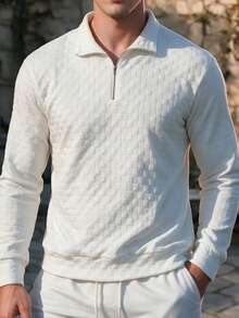 Sweatshirt Pria Motif Kotak-kotak Jacquard dengan Resleting Setengah, Kerah, Lengan Panjang Kasual Longgar - MultiWarna - View 3