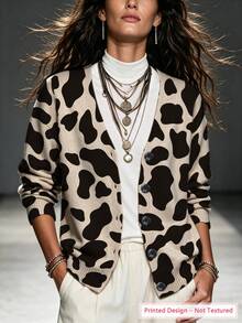 ASHKATIA Cardigan de punto casual de manga larga con estampado de vaca y abotonadura sencilla para mujer de talla grande - Multicolor - Ver 11