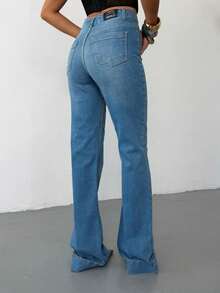 Women's High Waist Front Patch Pocket Flared Jeans - Baby Blue - View 5