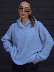 Plus Size Women's Fashion Elegant Solid Color Premium Hooded Sweater, Autumn/Winter, Suitable For Daily Wear, Dating, Holiday - Blue - View 2