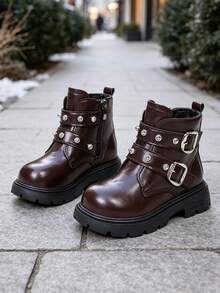 1 Pair Girls' Motorcycle Boots, Soft PU + Shiny Rhinestone Studs Decor, Round Toe Elastic Soft Sole With Inner Zipper Design, Sweet & Cool Princess Boots, Suitable For Students' Daily Campus & Outdoor Wear, Autumn/Winter New Style - Coffee Brown - View 9