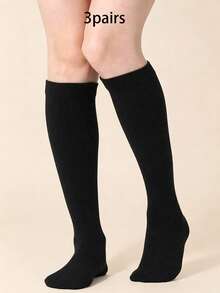 1/2/3 Pairs Women's Solid Color Calf Socks, Classic Plain Ribbed Cuff Knee-High Socks, Soft Comfortable Preppy Style Long Socks, Suitable For Uniform And Daily Wear - Multicolor - View 12