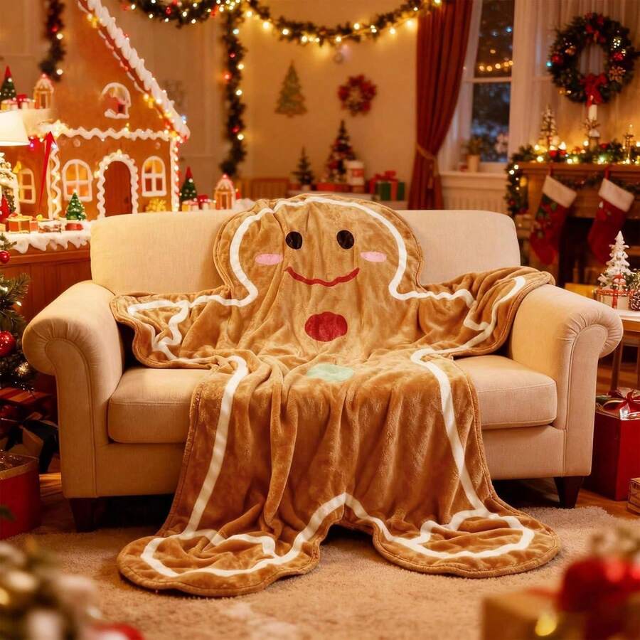 Christmas Plush Blanket Gingerbread Man Design Flannel Throw, Soft And Comfortable, Suitable For Christmas Holiday Home Chair Sofa Bed - Multicolor - View 1