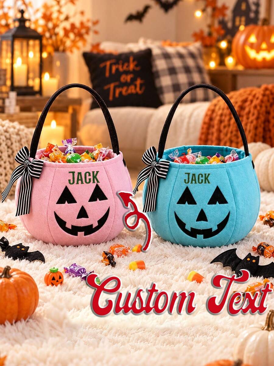 Personalized Plush Pumpkin Halloween Trick Or Treat Bucket, Customized Name Halloween Candy Tote Bag, Portable Handbag, Multi-Purpose Storage Bag, Suitable For Cosmetics, Stationery, Picnic, Travel, Halloween Home Decor Gift Bag - Multicolor - View 1