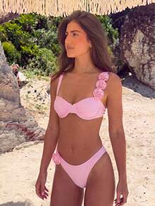 Bikinx Women's Solid Color Underwire Bikini With 3D Floral Design, Sexy Split Bikini Suitable For Summer Beach Vacation Pink - Pink - View 3