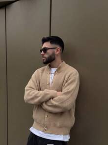 BLACKTOEXIT Men's Dropped Shoulder American Retro Minimalist Casual Daily Commute Knitted Cardigan Sweater, Autumn/Winter - Khaki - View 7