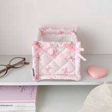 1pc Cute Bow Quilted Fabric Storage Basket Foldable Desktop Organizer Bin Two-Size Makeup Cosmetic Storage Box For Vanity Table Bedroom Home Decor - Multicolor - View 14