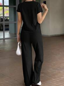 Vaiaye 女款 2 件式純棉純色居家服套裝上衣，秋季休閒運動套裝，黑色優雅夏季款 - 黑色 - 查看 3