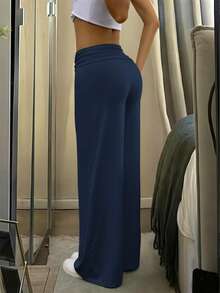 Women's Spring/Summer High Waist Flare Yoga Pants, Casual Soft Elastic Wide Leg Sports Pants, Suitable For Gym Workout And Streetwear - Navy Blue - View 2