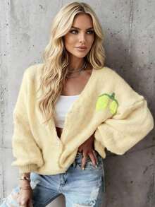 Women's Long Sleeve Knit Cardigan, Contrast Color Print, Casual Loose V-Neck Button-Up Sweater Jacket, Autumn/Winter - Yellow - View 2