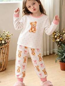 Girls 2 Pieces Bear Print Long Sleeve Pajama Set,Soft Pink Bow Polka Dot Crew Neck Top+Elastic Pants,Breathable Cute Loungewear Wear For Little Girls - White - View 1