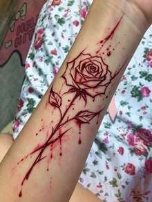 1pc Temporary Tattoo Sticker, Red Ink Splatter Rose Pattern, Realistic Tattoo Design, Suitable For Daily Wear, Bachelorette Party Favors, Music Festivals, Games, Graduation Gifts, Lasts 3-5 Days - Red - View 4