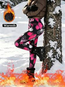 Women's Thermal Lined Thickened Leggings, Soft & Comfortable, Red & White Heart Print, Slim Fit, Elastic Shaping, Waist-Cinching, Butt-Lifting, 9/10 Length, Suitable For Home, Outdoor, Vacation, Walking, Casual Wear, Autumn/Winter - Multicolor - View 7