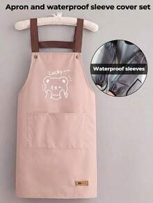 1pc Solid Color Lucky Bear Pattern Double-Sided Waterproof Barista Apron, Suitable For Home, Outdoor Kitchen And Catering Industry Floral Workwear - Multicolor - View 16