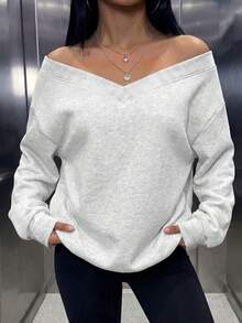 女款休閒抓絨內裡V領寬鬆衛衣，適合秋冬日常穿著、外出，秋冬服飾，灰色 - 淺花灰 - 查看 4