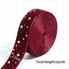 5 Yards/Roll 2.5cm Christmas Gold Foil Five-Pointed Star Single-Sided Flocked Ribbon, Flocked Christmas Letter & Star Ribbon, DIY Christmas Tree Bows Ribbon, Suitable For Christmas And Other Holiday Party Decoration Materials - Flocked Webbing - View 5
