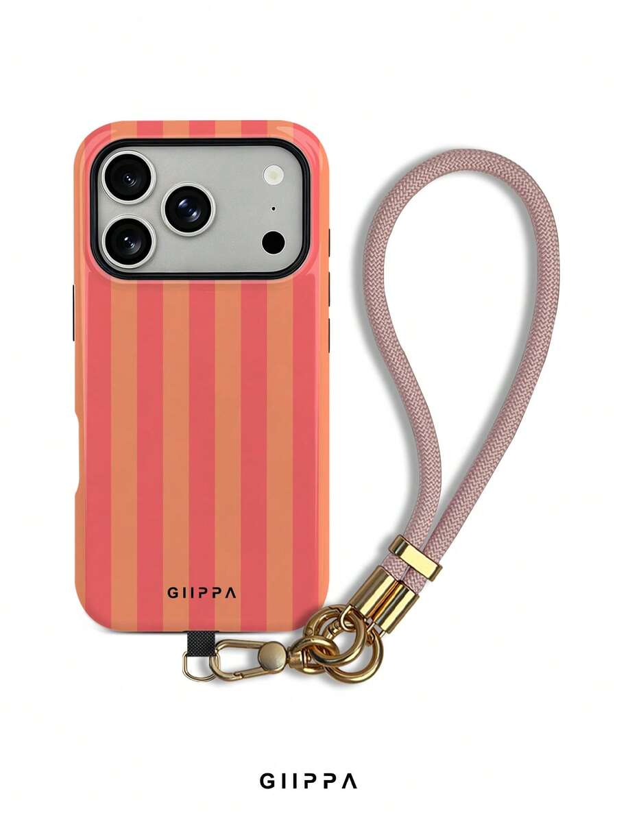 GIIPPA 1件 橘紅色垂直條紋圖案設計手機殼 + 手鍊,相容於 Phone 17 Pro Max、16 Pro Max、15 Pro Max、14 Pro Max,韓系高端時尚趣味手機殼,適用於 11/12/13/14/15/16 Pro Max Plus,男女皆宜的優雅設計,送給女友的完美禮物,適合聖誕節、情人節、復活節、婚禮季和生日 - 橘色 - 查看 1