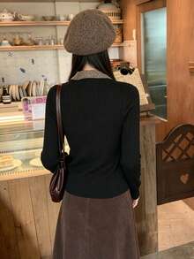 Women's Lazy Plaid Tie V-Neck Cable Knit Sweater, Faux Buttons, Autumn/Winter Knit Base Layer Top - Black - View 10