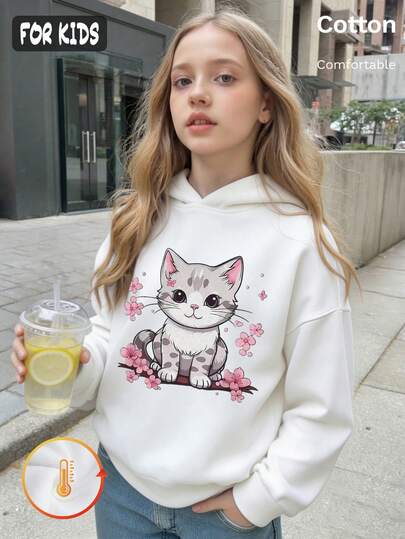 Autumn Winter Girls Fleece Hoodie With Cat And Pink Flower Print Y2K