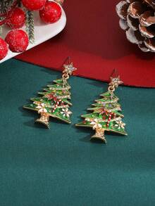 1 Pair Elegant Green Colorful Rhinestone Drip Oil Christmas Tree & Star Earrings, Fashionable Personalized Christmas Earrings For Women, Suitable For Christmas Holiday Celebration Party - Green - View 2
