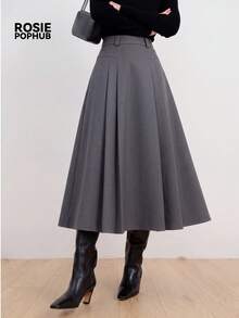 ROSIE POPHUB Women Grey High Waist Pleated Midi Skirt, Belt Loops A Line Flared Long Skirt, Elegant Office Commute Fall Winter Bottom - Grey - View 2