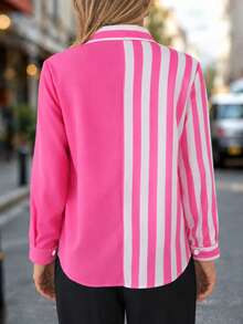 New Arrival Fashion Women's Printed Patchwork Color Block Pocket Button Shirt Spring - Hot Pink - View 2