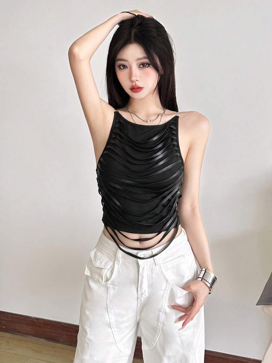 Top Dazzle Halloween Backless Knit Spaghetti Strap Top, Asymmetrical Hem, Sleeveless Regular Length, Create A Charming Look - Black - View 1