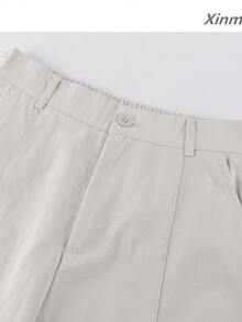 Minimalist Solid Color Korean Style Elastic High Waist Curved Leg Pants Spring Loose Slimming Wide Leg Soft Denim Elegant Travel Casual Vacation - Apricot - View 2