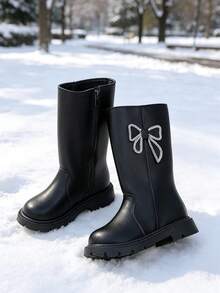 1 Pair Tall Riding Boots, Soft PU + Rhinestone Bow Material, Round Toe, Warm Thick Sole, Fashionable Cute High-Top Basic Princess Boots, Suitable For Female Students Daily Casual Outdoor Autumn/Winter New Style - Black - View 5