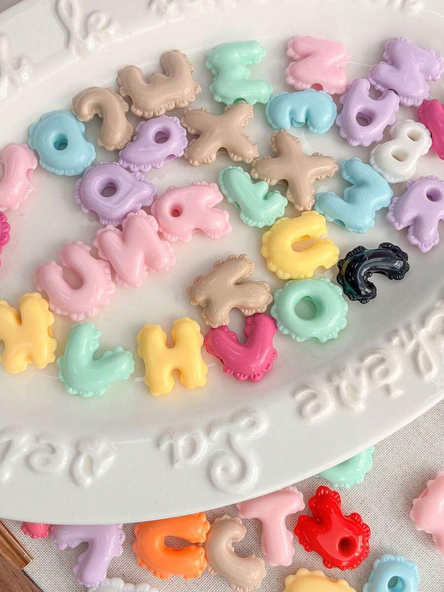 10pcs Macaron Color Pleated Letter Resin Beads, Horizontal Hole Large Hole Lace Letter DIY, DIY Bracelet Phone Chain Resin Forged Handmade Accessories, Random Style - Lace Letters - View 1