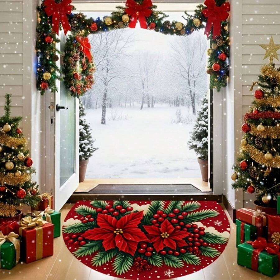 1pc Red Poinsettia & Snowflake Christmas Welcome Mat - Semi-Circular Christmas Door Mat With Green Holly Berry Border, Soft Mat Suitable For Front Door, Porch, Kitchen - Easy To Clean Holiday Decor - A - View 1