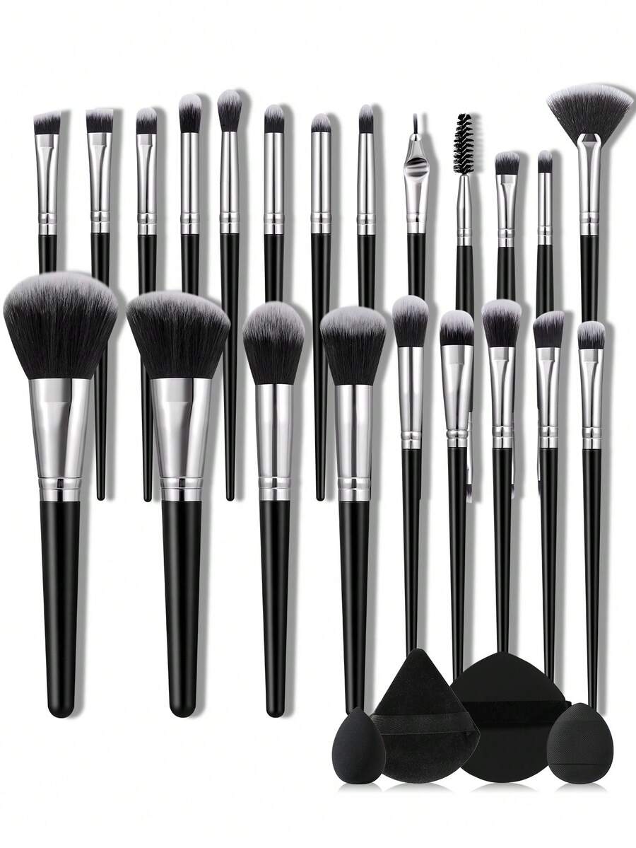 26 Pcs Makeup Brush Kit, 22 Pcs Cosmetic Brushes And 4 Pcs Makeup Puffs. Multiple Brush Shapes Meet Full Face Makeup Needs, Powder Puffs Help Seamless Base Makeup Application For Beginners. - Multicolor - View 1