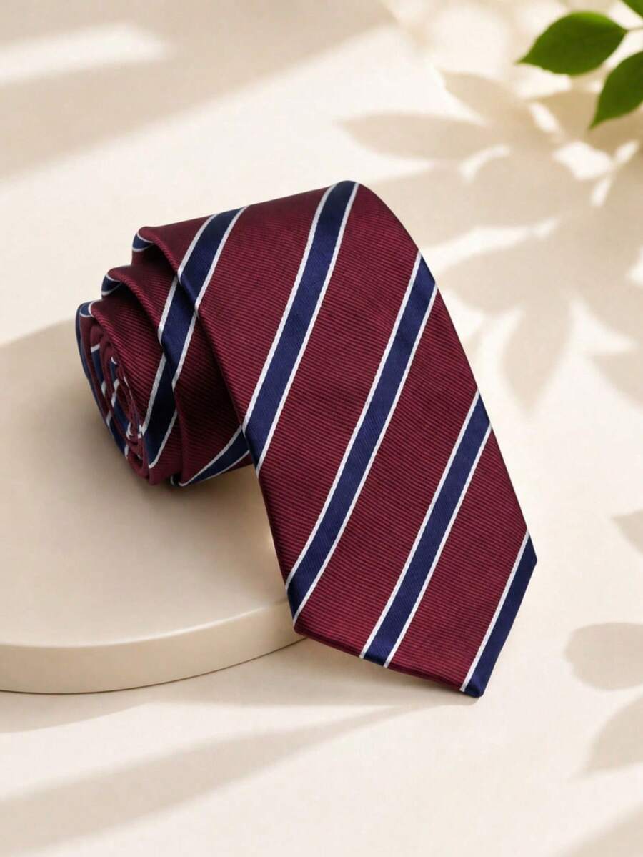 1 buah dasi bisnis tenun kepadatan tinggi 8cm motif garis diagonal merah tua & biru, unisex. - Garis-garis merah tua dan biru - View 1