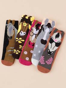 5 Pairs Unisex Multi-Color Assorted Cute Horse Portrait Jacquard Mid-Calf Socks, Soft, Breathable, Creative & Fun Socks - Multicolor - View 6