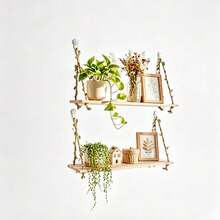 2pcs Wooden Hanging Wall Shelf, Bohemian Style Wall Decor Shelf, Succulent Plant Display Rack, Wall Storage Rack, Home Decor Wall Shelf, Wall Decoration Display Rack - 2pcs - View 2