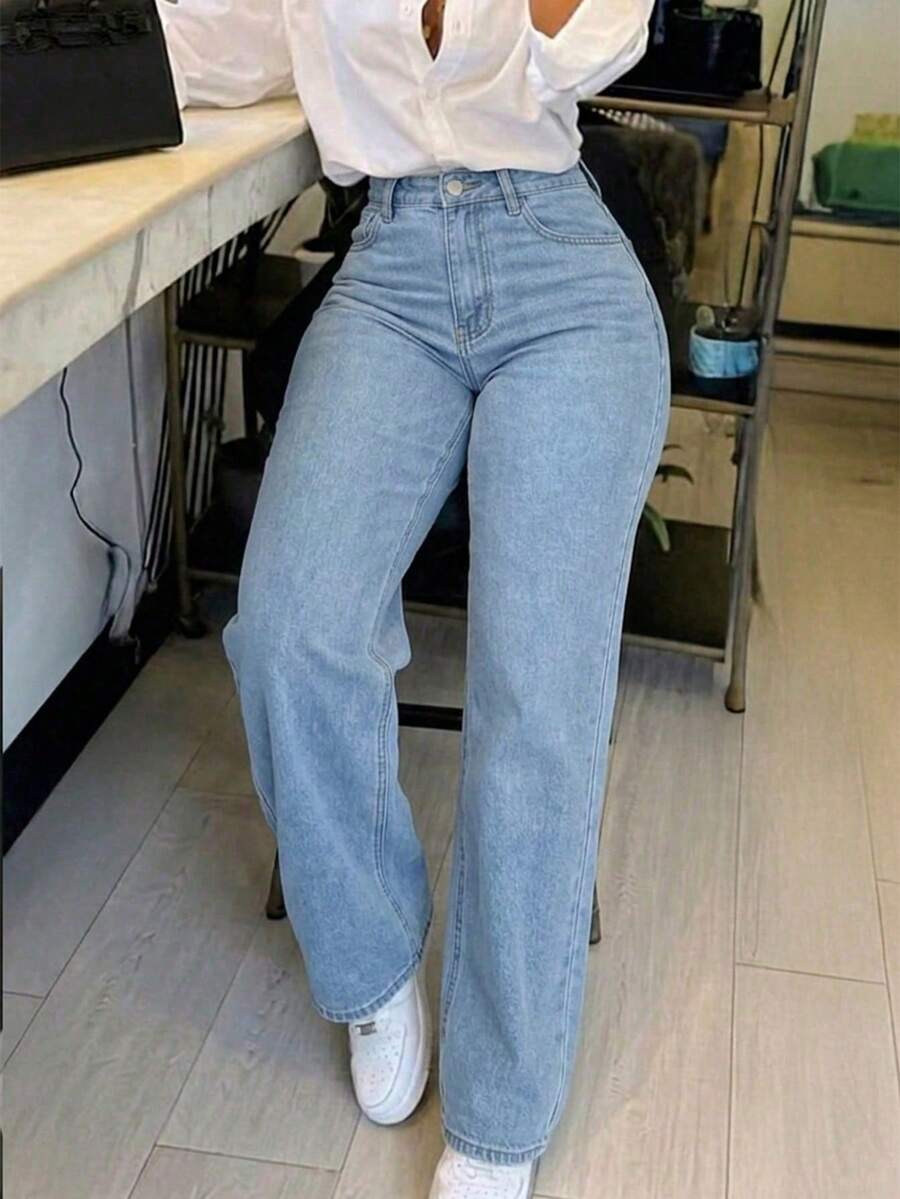 Women's Casual Washed Straight Leg Jeans Autumn - Light Wash - View 1