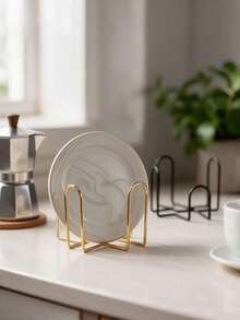 Ceramic Coaster Iron Coaster Holder 4pcs/6pcs Set Storage Organizer Set Coaster Rack Cup Holder - Black - View 3