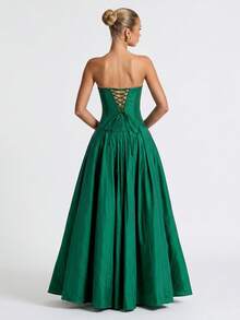 LOVE&LEMONADE Women's Green Sexy Strapless V-Neck Mesh Patchwork Open Back Criss-Cross Tie Back Long Party Evening Gown - Green - View 6