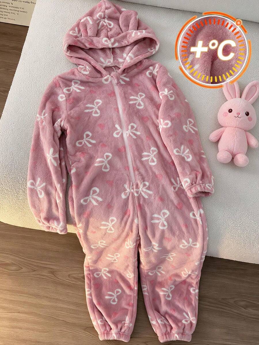 Cute Pink Bow Print Velvet Jumpsuit, Essential For Autumn/Winter Girls, Made Of Soft Fabric, Suitable For Casual Wear At Home Or As A Gift For Friends - Pink - View 1