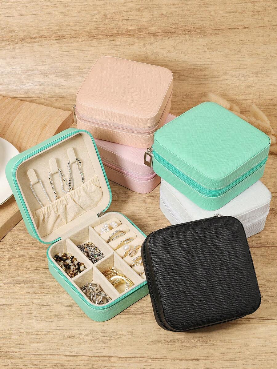 Contemporary Mini Jewelry Box, Zipper Travel Organizer For Necklaces, Earrings, Rings, Bracelets, Compact & Secure