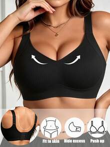 5pcs Classic Plus Size (Runs Small) Women's Wireless Bra, Striped Seamless Soft Support Shaping Lingerie, Adjustable Shoulder Straps, Removable Pads - Multicolor - View 6
