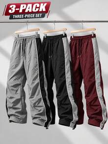 Men's 3pcs Casual Jogger Pants, Loose Leg Design, Streetwear Style, Suitable For Autumn/Winter Weekend Wear - Multicolor - View 1