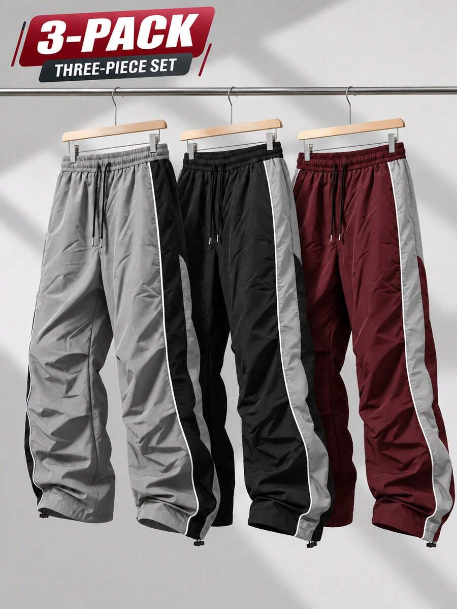 Men's 3pcs Casual Jogger Pants, Loose Leg Design, Streetwear Style, Suitable For Autumn/Winter Weekend Wear - Multicolor - View 1